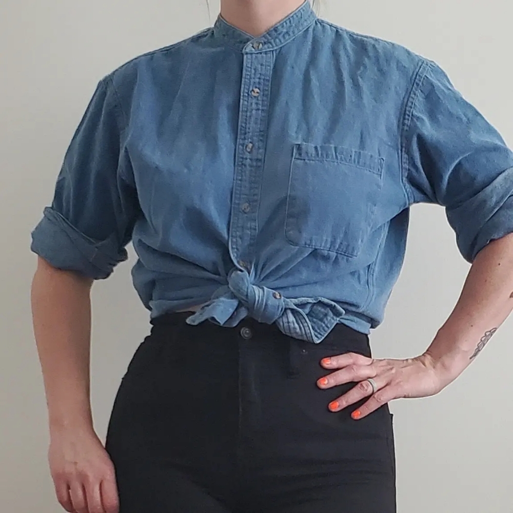 Chambray button front, mandarin collar